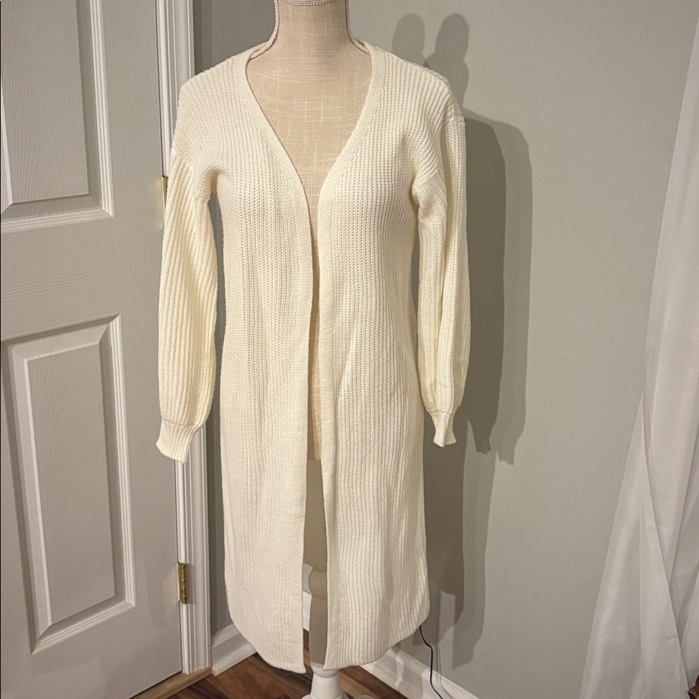 Long Cream Open Front Cardigan